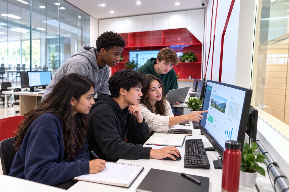 Secondary students working through a project together at a screen