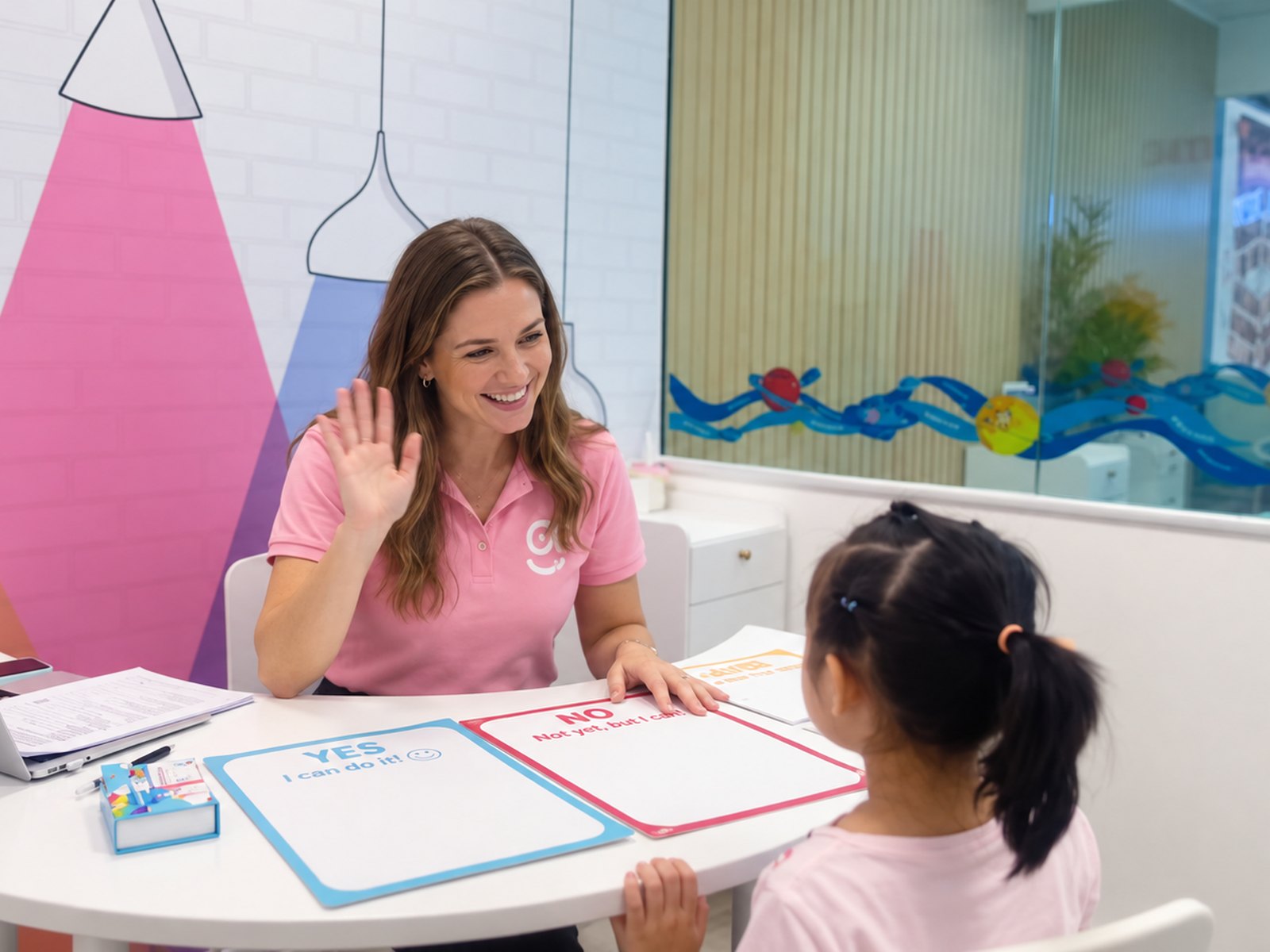 A CURIOOkids teacher greeting a young student at a studio table, with Yes and Not yet cards between them